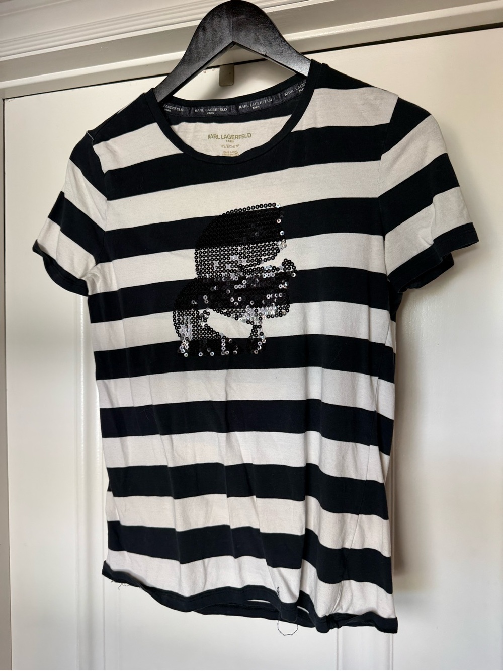Karl Lagerfeld Black & White Striped Sequin Profile Tee